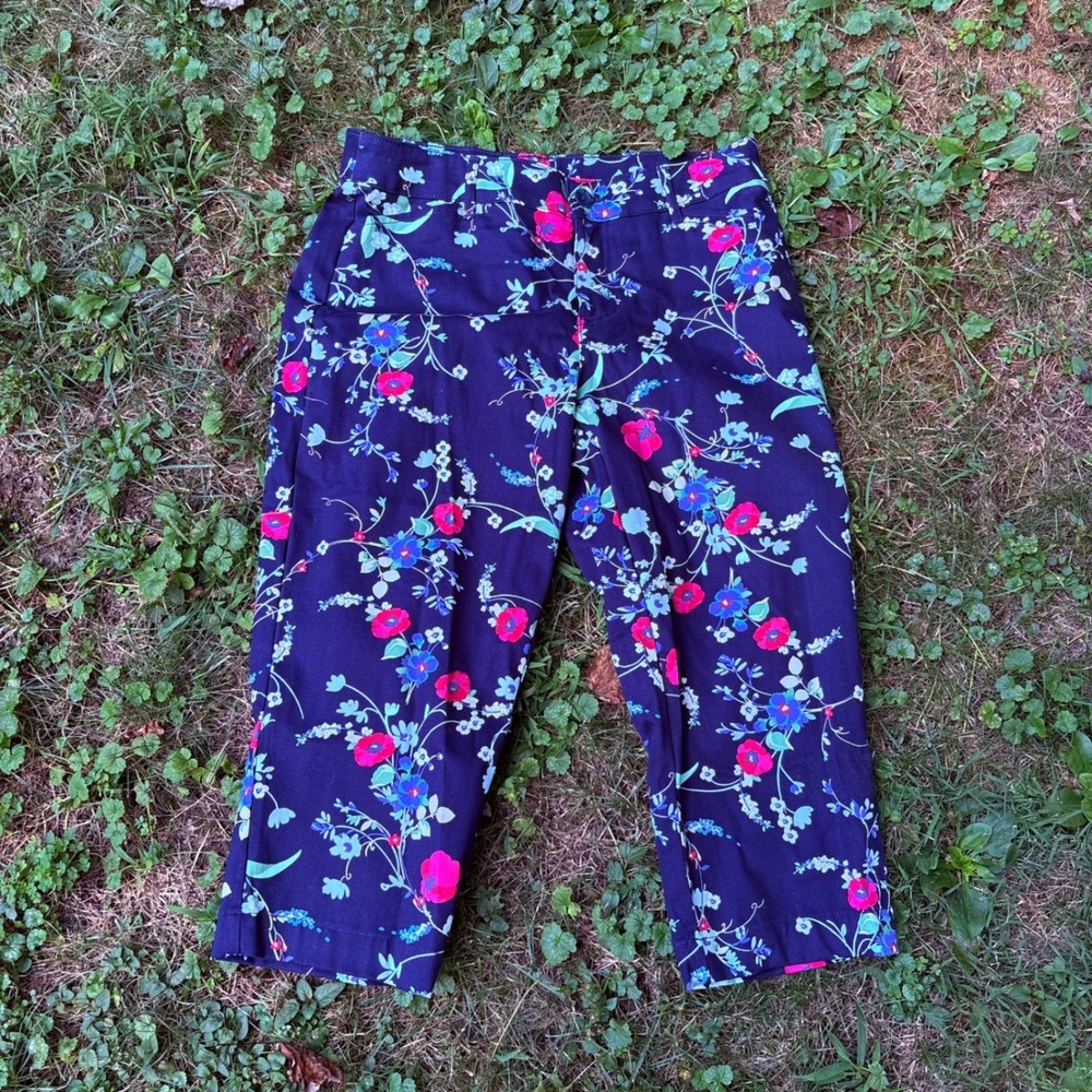 Cottagecore Floral Capri Pants Womens 8 Navy Blue Garden Print